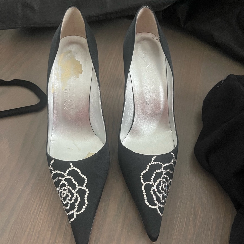 Anne Klein Black Heels with Rhinestone Floral Design